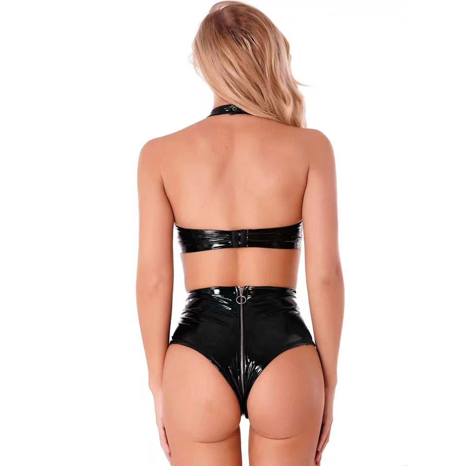 Sexy Black Shiny Pu Latex Leat - đánh giá và giá Minimizer Bra Women